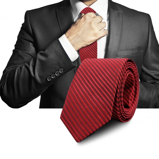 Elegancki KRAWAT Męski WĄSKI w Paski BORDOWY Śledź M.21 Pako Jeans - Pakojeans.pl