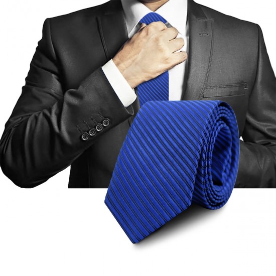 Elegancki KRAWAT Męski WĄSKI w Paski NIEBIESKI Śledź M.24 Pako Jeans - Pakojeans.pl