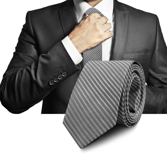 Elegancki KRAWAT Męski WĄSKI w Paski SZARY Śledź M.25 Pako Jeans - Pakojeans.pl