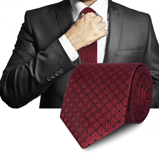 Elegancki KRAWAT Męski Klasyczny BORDOWY Kratka M.44 Pako Jeans - Pakojeans.pl