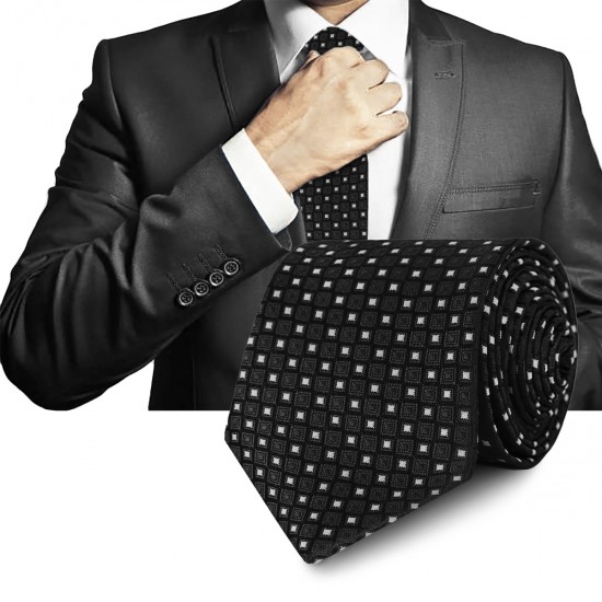 Elegancki KRAWAT Męski Klasyczny CZARNY Kratka M.47 Pako Jeans - Pakojeans.pl