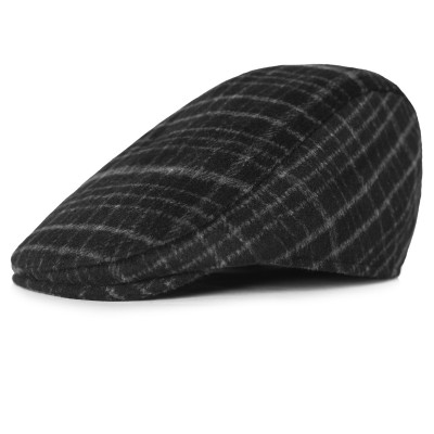 Kaszkiet Męski Zimowy Ocieplany Elegancka Czapka w Kratę z Wełną CZARNY - Pako Jeans
