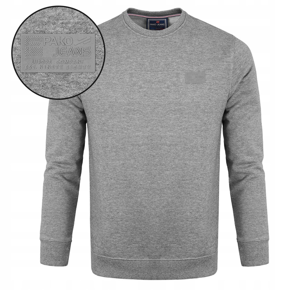 BLUZA Męska bez Kaptura DRESOWA Basic Ocieplana MILKY SZARA melanż Pako Jeans