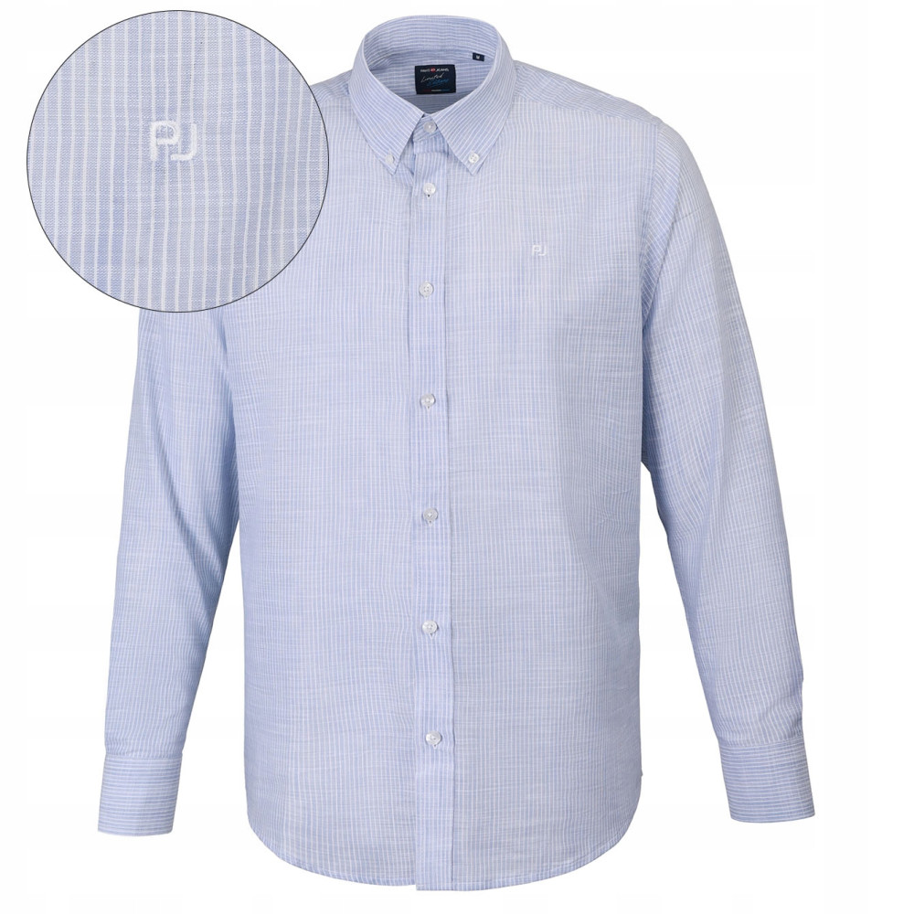 KOSZULA Męska w PASKI z Długim Rękawem BŁĘKITNA LNIANA Regular Fit Pako Jeans KOSZULA Męska w PASKI z Długim Rękawem BŁĘKITNA LNIANA Regular Fit Pako Jeans