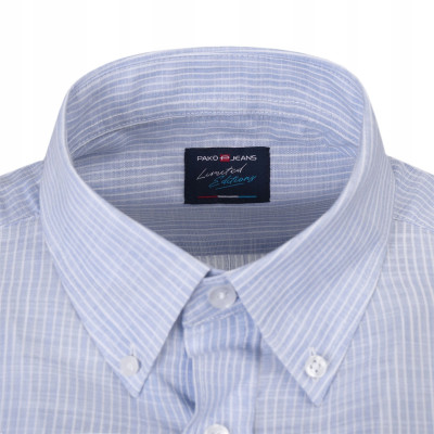 KOSZULA Męska w PASKI z Długim Rękawem BŁĘKITNA LNIANA Regular Fit Pako Jeans