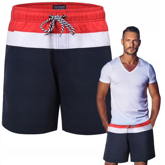 KAPIELÓWKI Męskie Spodenki SZORTY Plażowe CORAL Granatowo-Czerwono-Białe Pako Jeans