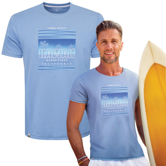 T-SHIRT Męski Koszulka BŁĘKITNA Gruba Bawełna HAWAII Pako Jeans