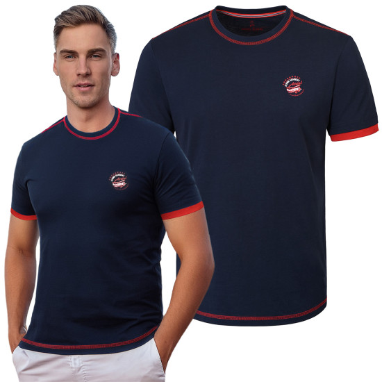 T-SHIRT Męski FLAYER Koszulka z Nadrukiem GRANATOWA Bawełniana Pako Jeans
