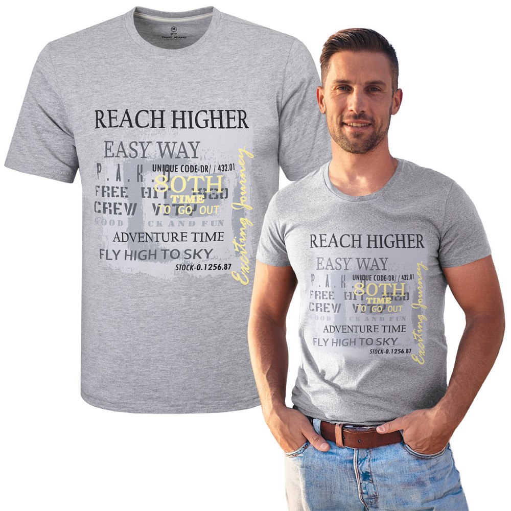 T-SHIRT Męski HIGHER Koszulka z Nadrukiem POPIELATA Bawełniana Pako Jeans T-SHIRT Męski HIGHER Koszulka z Nadrukiem POPIELATA Bawełniana Pako Jeans