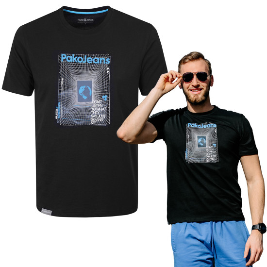 T-SHIRT Męski BASKET Koszulka z Nadrukiem CZARNA Bawełniana Pako Jeans