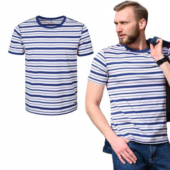 T-SHIRT Męski REDISH Koszulka BIAŁO-GRANATOWA w PASKI Bawełniana Pako Jeans