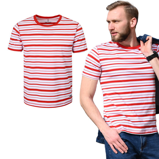 T-SHIRT Męski REDISH Koszulka BIAŁO-CZERWONA w PASKI Gruba Bawełniana Pako Jeans