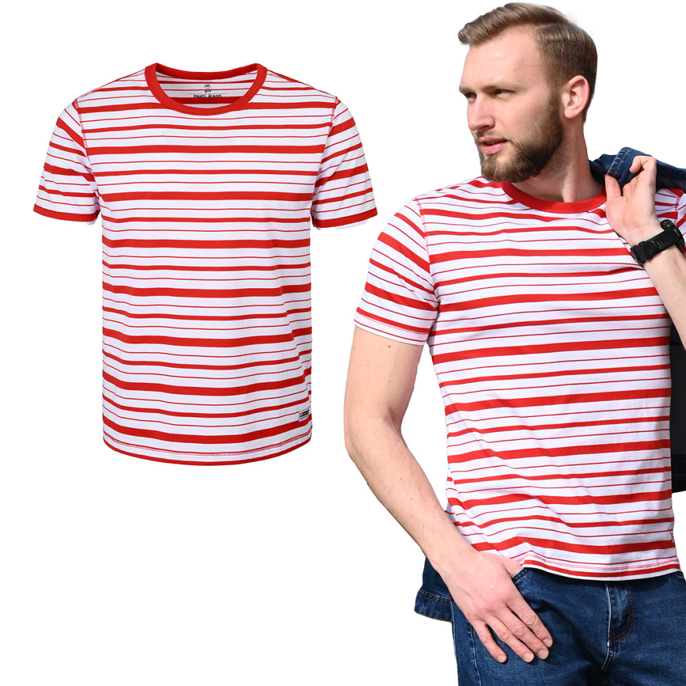T-SHIRT Męski REDISH Koszulka BIAŁO-CZERWONA w PASKI Gruba Bawełniana Pako Jeans