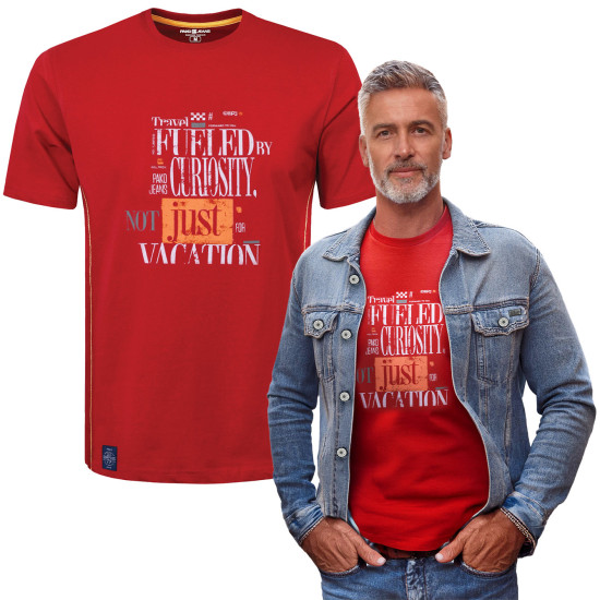 T-SHIRT Męski TRAVEL Koszulka z Nadrukiem CZERWONA Bawełniana Pako Jeans