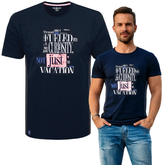 T-SHIRT Męski TRAVEL Koszulka z Nadrukiem GRANATOWA Bawełniana Pako Jeans