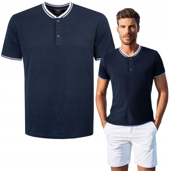 T-SHIRT Męski Koszulka w Serek GRANATOWA Bawełniana MORLY Pako Jeans