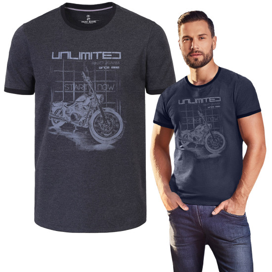 T-SHIRT Męski RACER Koszulka z Nadrukiem GRAFITOWA Bawełniana Pako Jeans