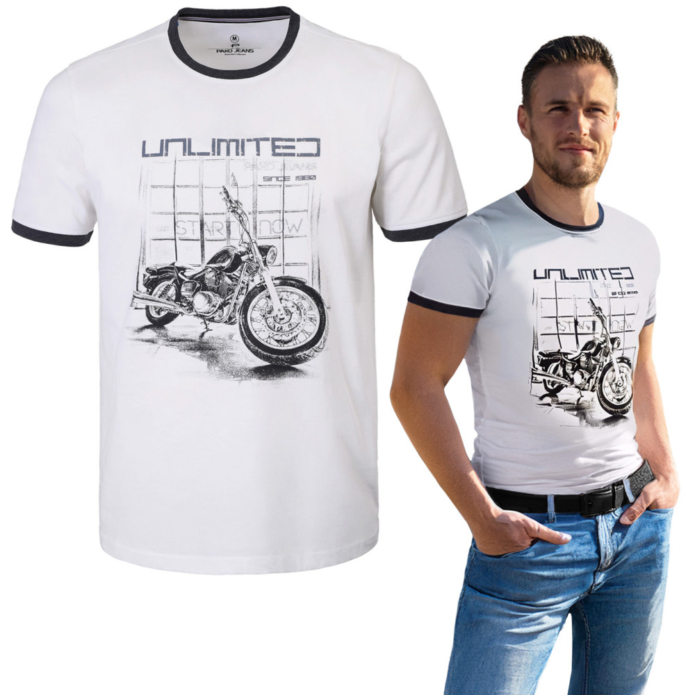 T-SHIRT Męski RACER Koszulka z Nadrukiem BIAŁA Bawełniana Pako Jeans T-SHIRT Męski RACER Koszulka z Nadrukiem BIAŁA Bawełniana Pako Jeans