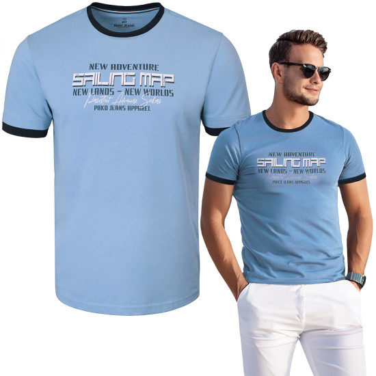 T-SHIRT Męski SAILING Koszulka z Nadrukiem BŁĘKITNA Bawełniana Pako Jeans
