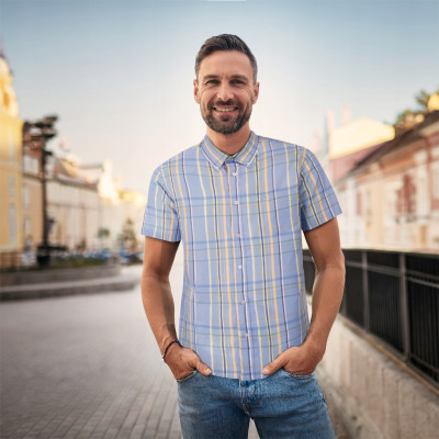 KOSZULA Męska w KRATKĘ z Krótkim Rękawem SLIM FIT Bawełniana Pako Jeans
