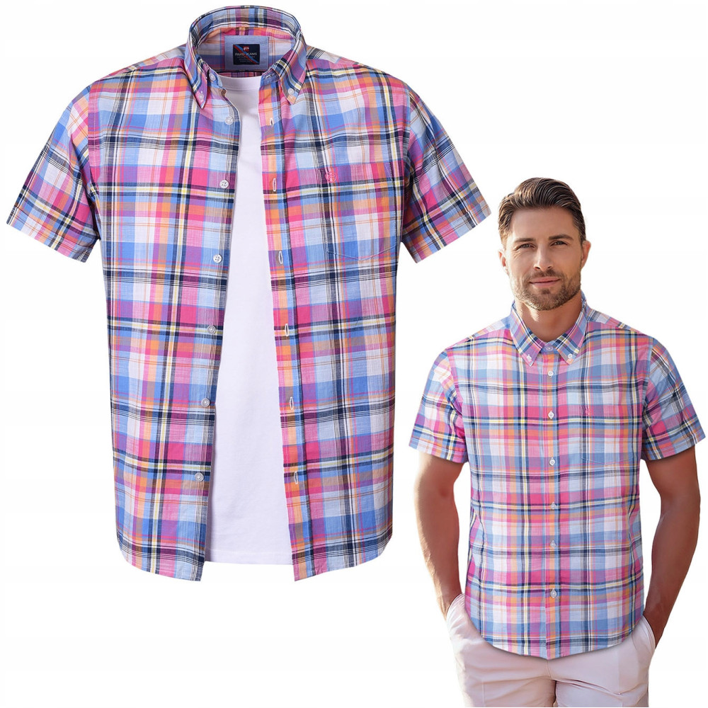KOSZULA Męska w KRATKĘ z Krótkim Rękawem SLIM FIT Bawełniana Pako Jeans KOSZULA Męska w KRATKĘ z Krótkim Rękawem SLIM FIT Bawełniana Pako Jeans