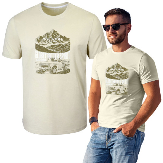 T-SHIRT Męski PARK Koszulka z Nadrukiem BEŻOWA Bawełniana Pako Jeans