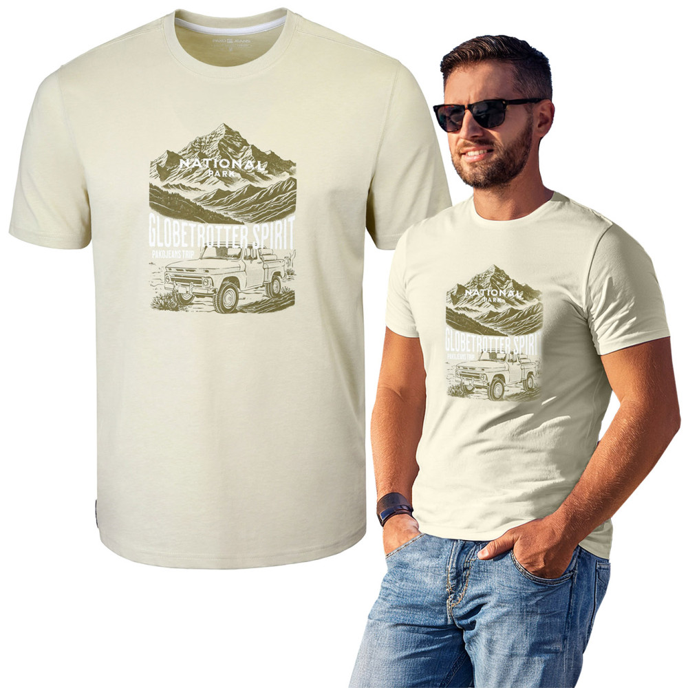 T-SHIRT Męski PARK Koszulka z Nadrukiem BEŻOWA Bawełniana Pako Jeans