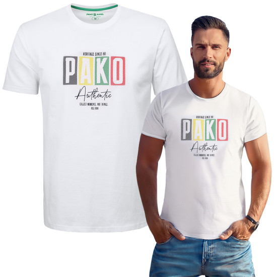 T-SHIRT Męski PAKO Koszulka z Nadrukiem BIAŁA Bawełniana Pako Jeans