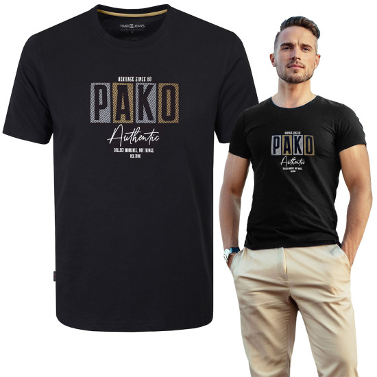 T-SHIRT Męski PAKO Koszulka z Nadrukiem CZARNA Bawełniana Pako Jeans