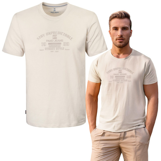 T-SHIRT Męski WATERLO Koszulka z Nadrukiem BEŻOWA Bawełniana Pako Jeans