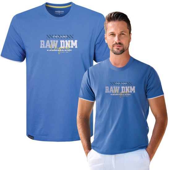 T-SHIRT Męski RAW Koszulka z Nadrukiem NIEBIESKA Bawełniana Pako Jeans