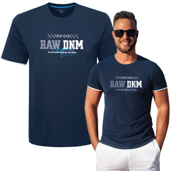 T-SHIRT Męski RAW Koszulka z Nadrukiem GRANATOWA Bawełniana Pako Jeans