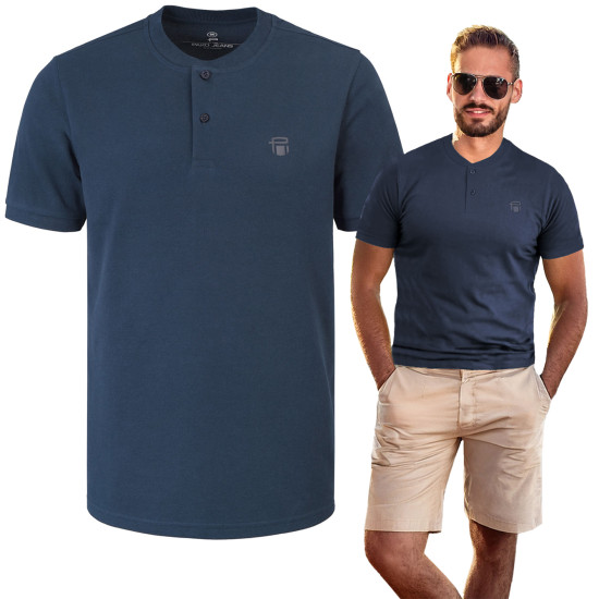 T-SHIRT Męski Koszulka w Serek GRANATOWA Bawełna Pika BYLONGO Pako Jeans