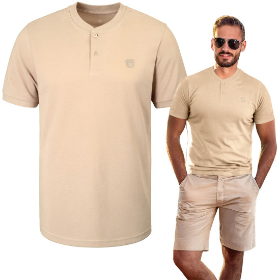 T-SHIRT Męski Koszulka w Serek BEŻOWA Bawełna Pika BYLONGO Pako Jeans