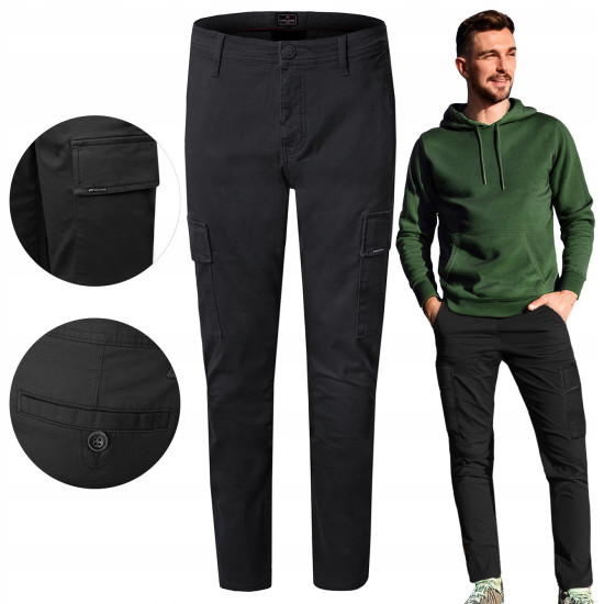 SPODNIE z Kieszeniami CARGO Męskie CZARNE Slim Fit Pako Jeans
