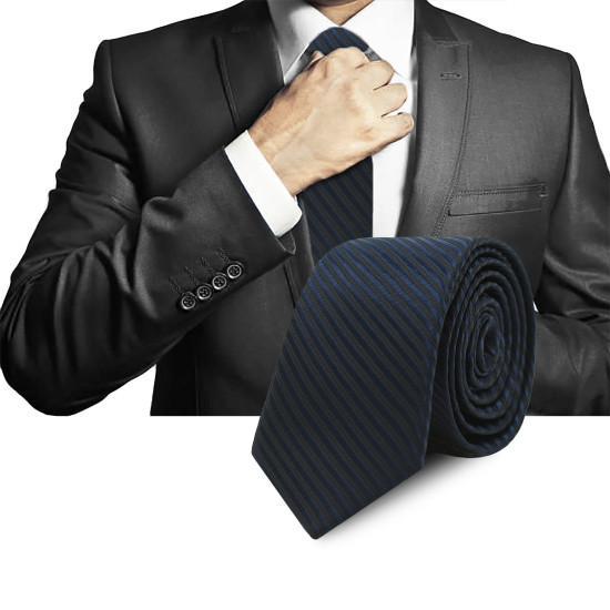 Elegancki KRAWAT Męski WĄSKI w Paski GRANATOWY Śledź M.23 Pako Jeans - Pakojeans.pl