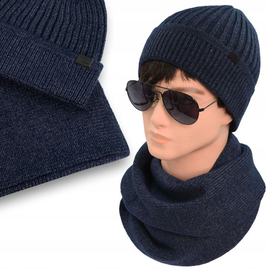 KOMPLET Czapka i Komin ZIMOWY na Mrozy Męski Z.95 GRANATOWY - Pakojeans.pl