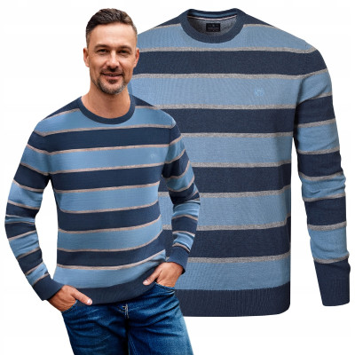 Elegancki SWETER Męski NIEBIESKO-GRANATOWY w PASKI Bawełniany Pako Jeans - Pakojeans.pl