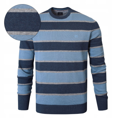 Elegancki SWETER Męski NIEBIESKO-GRANATOWY w PASKI Bawełniany Pako Jeans - Pakojeans.pl