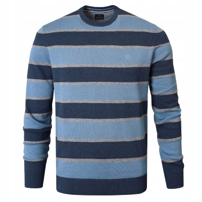 Elegancki SWETER Męski NIEBIESKO-GRANATOWY w PASKI Bawełniany Pako Jeans - Pakojeans.pl