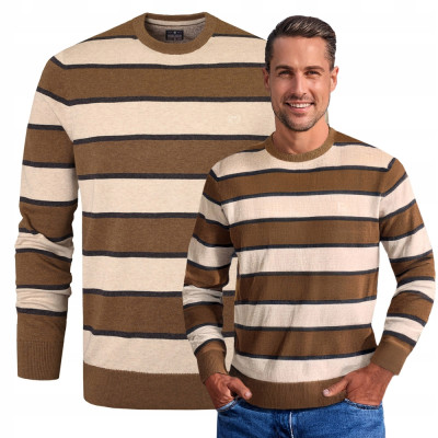 Elegancki SWETER Męski BRĄZOWO-BEŻOWY w PASKI Bawełniany Pako Jeans - Pakojeans.pl