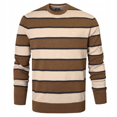 Elegancki SWETER Męski BRĄZOWO-BEŻOWY w PASKI Bawełniany Pako Jeans - Pakojeans.pl