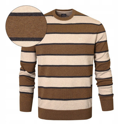 Elegancki SWETER Męski BRĄZOWO-BEŻOWY w PASKI Bawełniany Pako Jeans - Pakojeans.pl