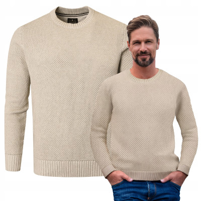 Elegancki SWETER Męski BEŻOWY Bawełniany Premium Ciepły JONE Pako Jeans - Pakojeans.pl