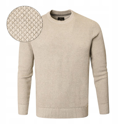 Elegancki SWETER Męski BEŻOWY Bawełniany Premium Ciepły JONE Pako Jeans - Pakojeans.pl