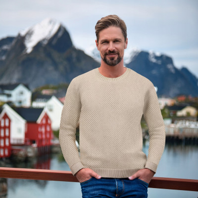 Elegancki SWETER Męski BEŻOWY Bawełniany Premium Ciepły JONE Pako Jeans - Pakojeans.pl