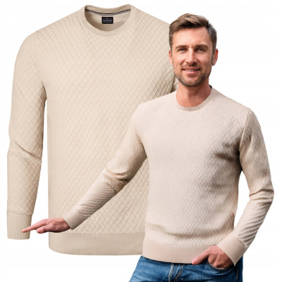 Elegancki SWETER Męski Klasyczny BEŻOWY Bawełniany BENDETTI Pako Jeans - Pakojeans.pl