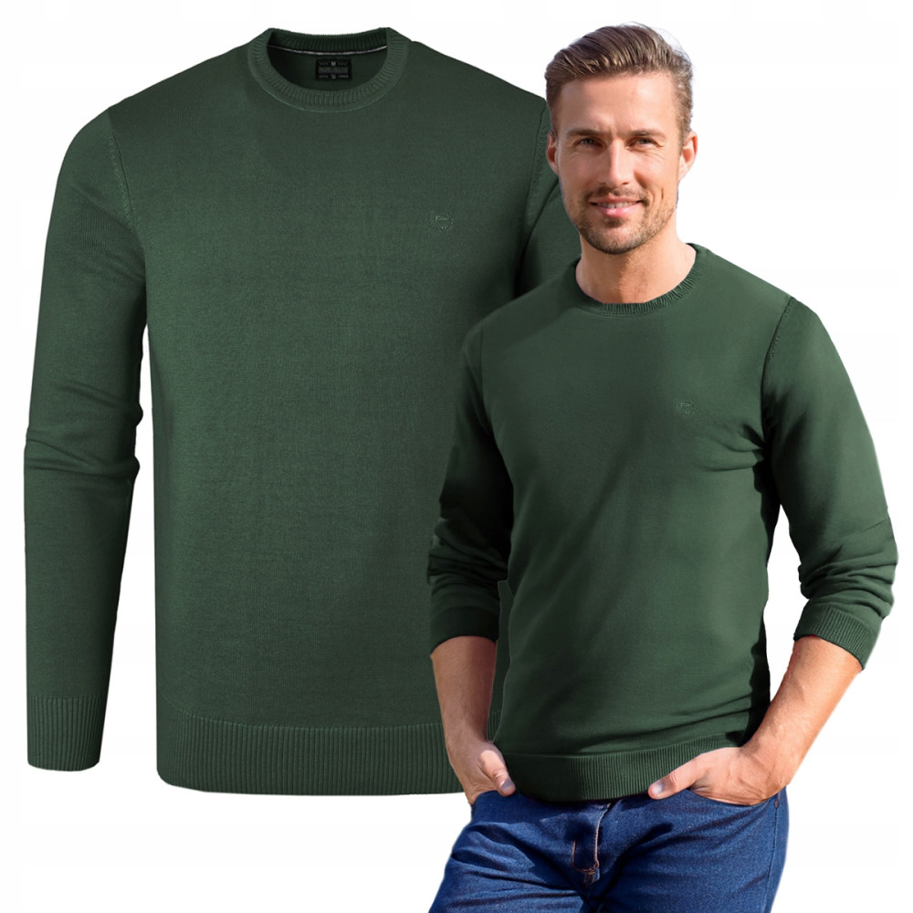 SWETER Męski Klasyczny Jednokolorowy Gładki Basic SANTIAGO CIEMNOZIELONY Pako Jeans - Pakojeans.pl