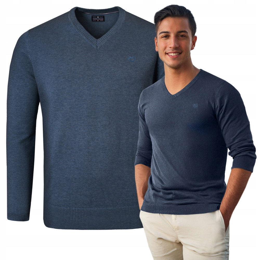 Elegancki SWETER Męski w Serek Bawełniany Gładki DIEGO GRANATOWY Melanż Pako Jeans - Pakojeans.pl Elegancki SWETER Męski w Serek Bawełniany Gładki DIEGO GRANATOWY Melanż Pako Jeans - Pakojeans.pl