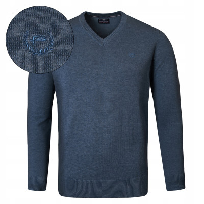 Elegancki SWETER Męski w Serek Bawełniany Gładki DIEGO GRANATOWY Melanż Pako Jeans - Pakojeans.pl